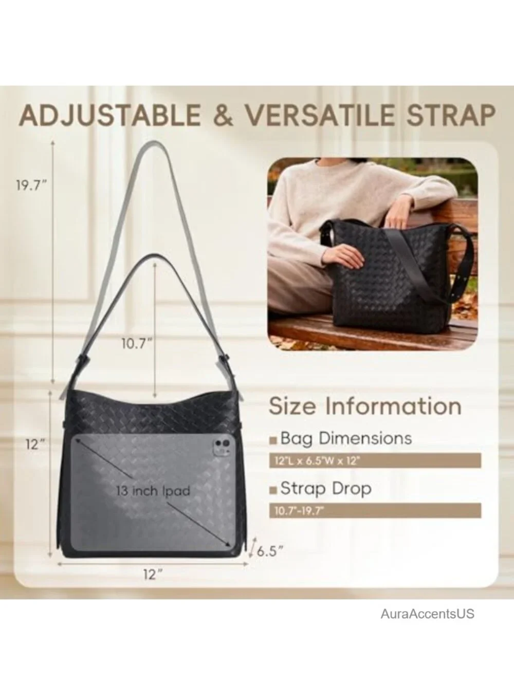Large Woven Tote Bag with Adjustable Strap, Multi-Pockets, PU Leather, Work
